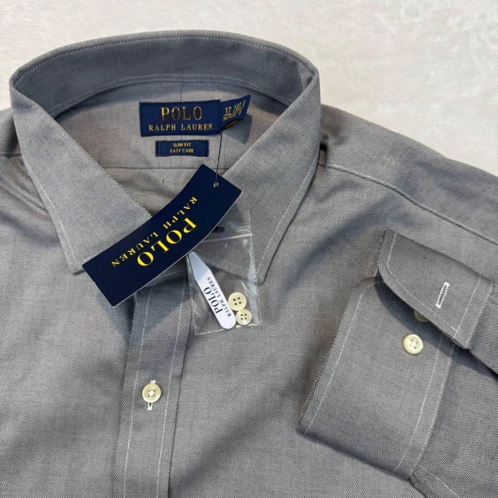 Polo Ralph Lauren Men 17 34/35 Slim Fit Easy Care Grey Dress Shirt NWT